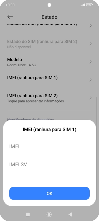 O código IMEI é mostrado no ecrã.