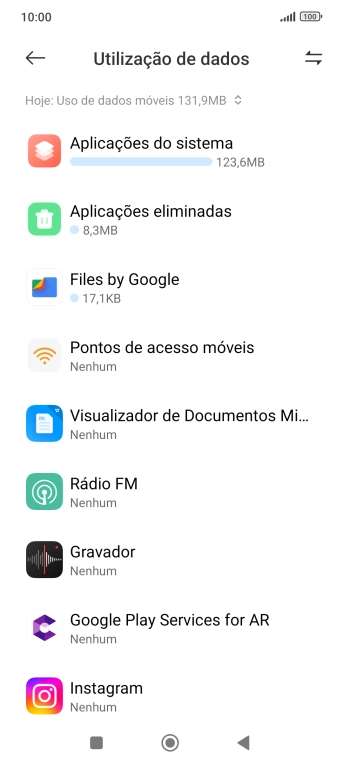 O consumo de dados de cada aplicação é mostrado sob o nome da aplicação.