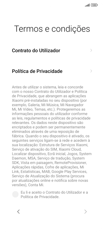 Prima o campo para aceitar os termos e condições.