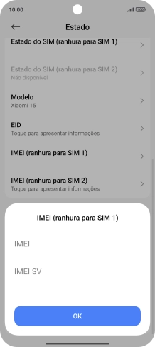 O código IMEI é mostrado no ecrã.