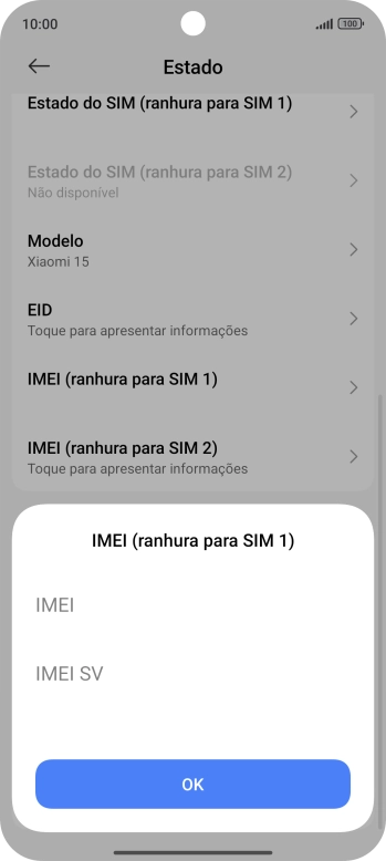 O código IMEI é mostrado no ecrã.