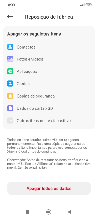 Prima Apagar todos os dados.