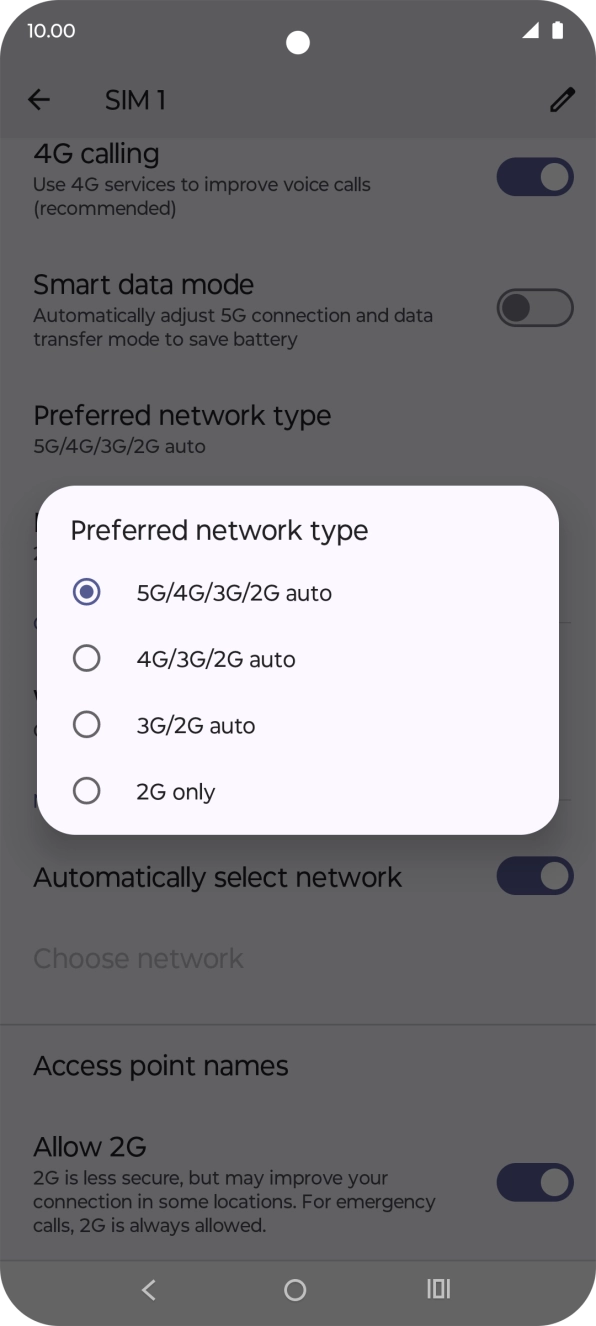 Press the required network mode.
