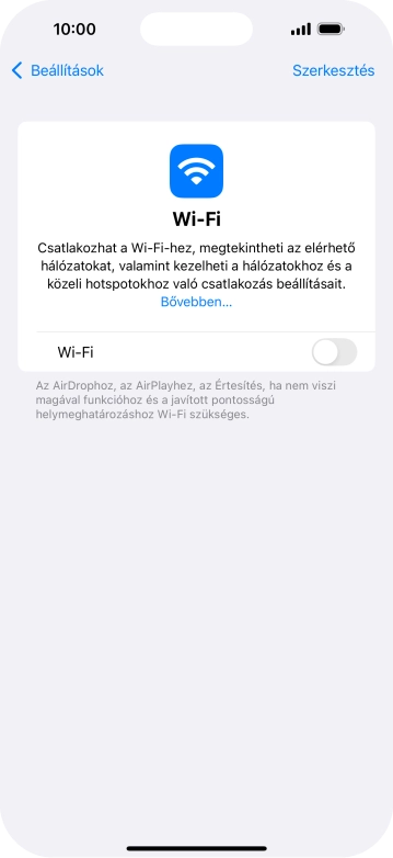 Kattints a „Wi-Fi” melletti csúszkára a funkció bekapcsolásához.
