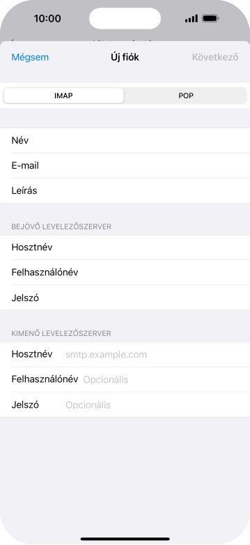 Kattints a Hosztnév mezőre, és írd be az e-mail szolgáltatód kimenő szerverének a nevét.