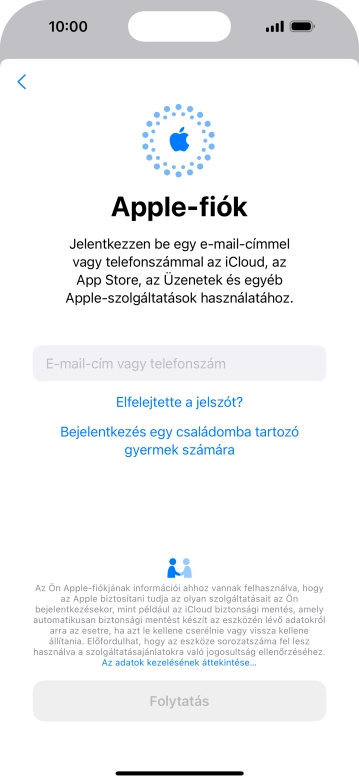 Válaszd az E-mail-cím vagy telefonszám lehetőséget, és írd be a az Apple ID-dhoz tartozó felhasználónevet.