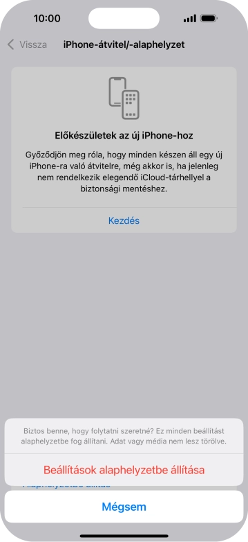 Válaszd a Beállítások alaphelyzetbe állítása lehetőséget. Várj egy kicsit, amíg a telefon visszaállítja a gyári beállításokat. A telefon konfigurálásához és ahhoz, hogy üzemkész állapotba hozd, kövesd a képernyőn megjelenő utasításokat.