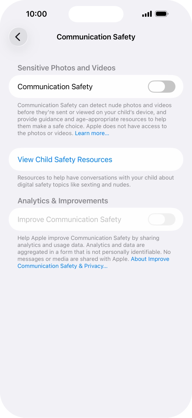 Press the indicator next to 'Communication Safety' to turn the function on or off.