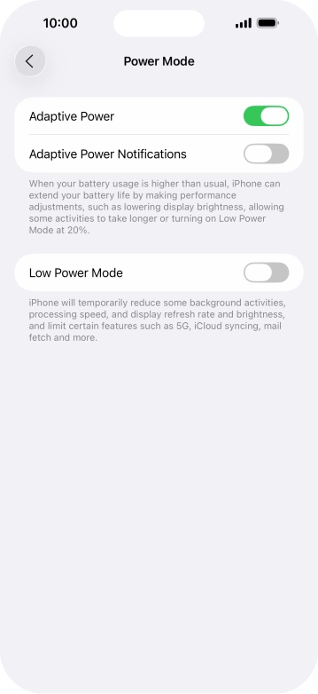 Press the indicator next to 'Low Power Mode' to turn on the function.