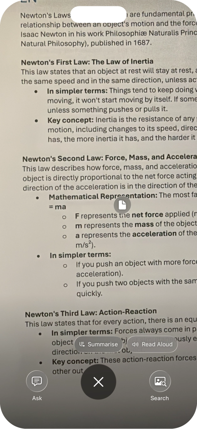To use visual intelligence on a text, take a picture of the text, press the required setting and follow the instructions on the screen to use the function.