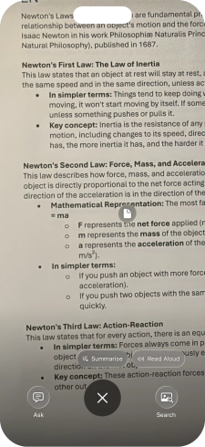 To use visual intelligence on a text, take a picture of the text, press the required setting and follow the instructions on the screen to use the function.