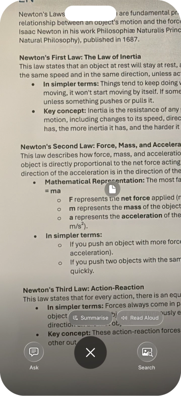 To use visual intelligence on a text, take a picture of the text, press the required setting and follow the instructions on the screen to use the function.