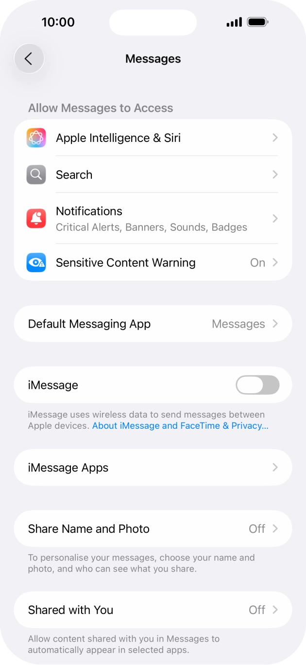 Press the indicator next to 'iMessage' to turn on the function.