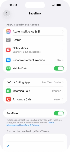 Press the indicator next to 'FaceTime' to turn the function on or off.