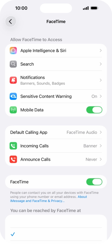 Press the indicator next to 'FaceTime' to turn the function on or off. Press the indicator next to 'FaceTime' to turn the function on or off.