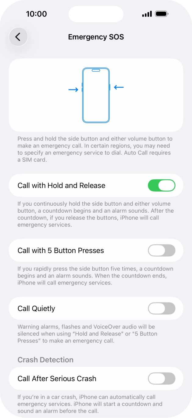 Press the indicator next to 'Call After Serious Crash' to turn on the function.