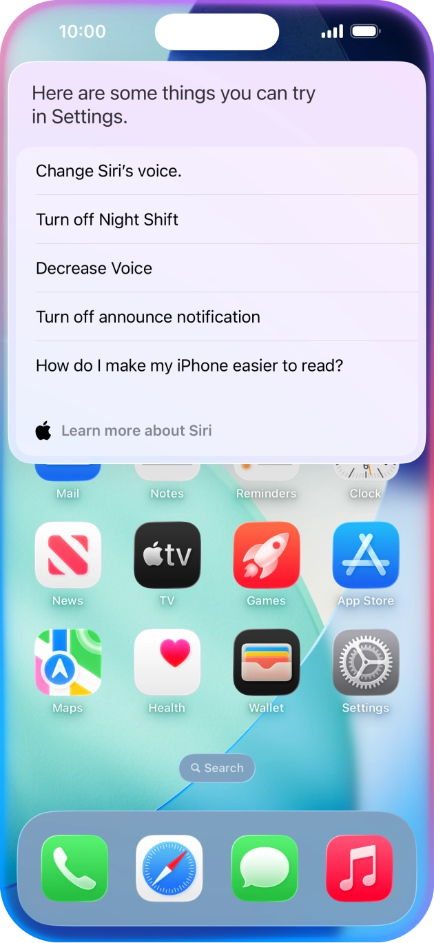 Say 'WHAT CAN I ASK' and press Learn more about Siri to see more examples. Say 'WHAT CAN I ASK' and press Learn more about Siri to see more examples.