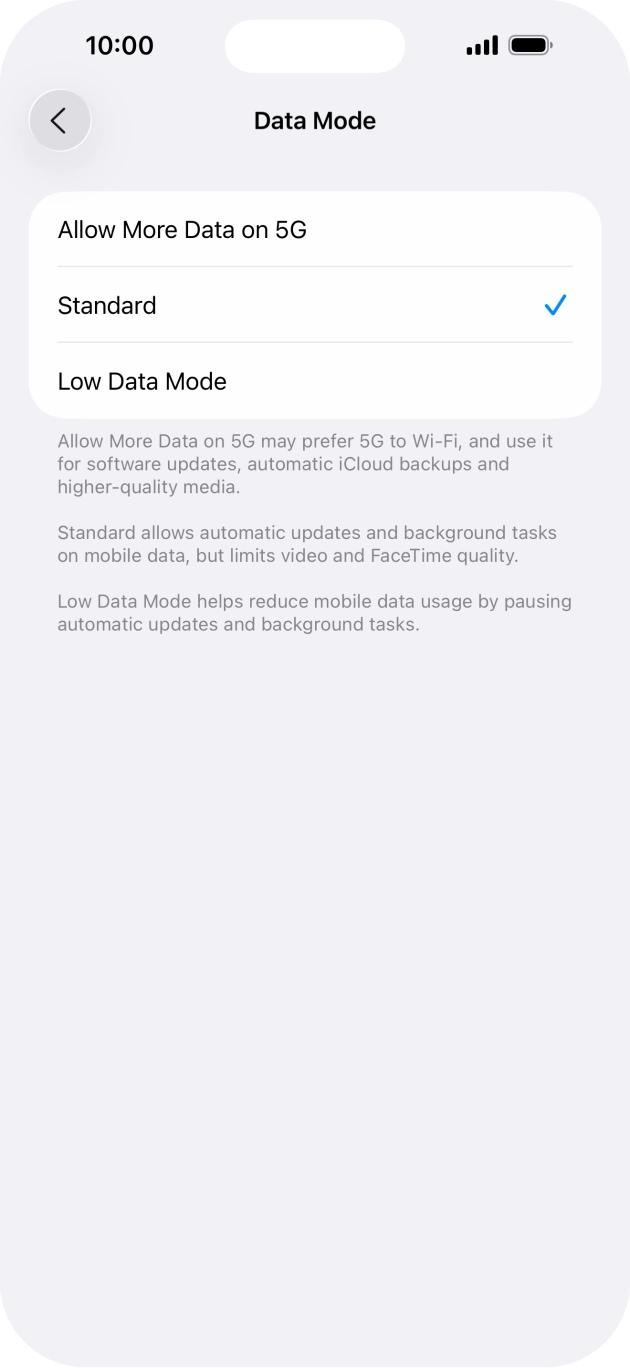 Press the required setting.