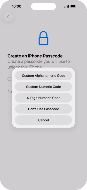 Follow the instructions on the screen to turn on the lock code or press Don't Use Passcode.