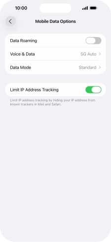 Press the indicator next to 'Data Roaming' to turn the function on or off.