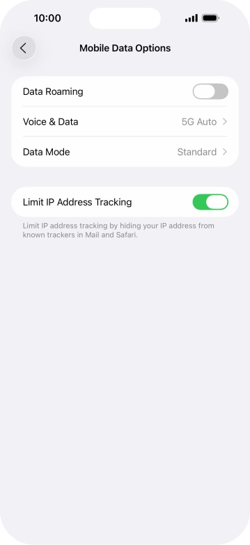 Press the indicator next to 'Data Roaming' to turn the function on or off.