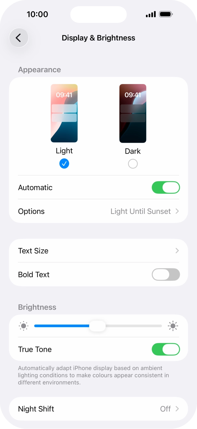 If you turn on the function, press Options and follow the instructions on the screen to select the required period of time for Dark Mode. If you turn on the function, press Options and follow the instructions on the screen to select the required period of time for Dark Mode.