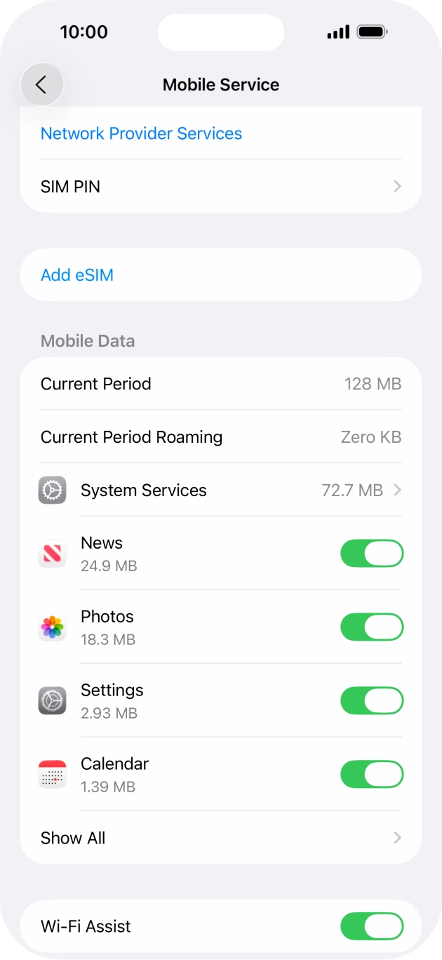 Press the indicators next to the required applications to turn the function on or off.