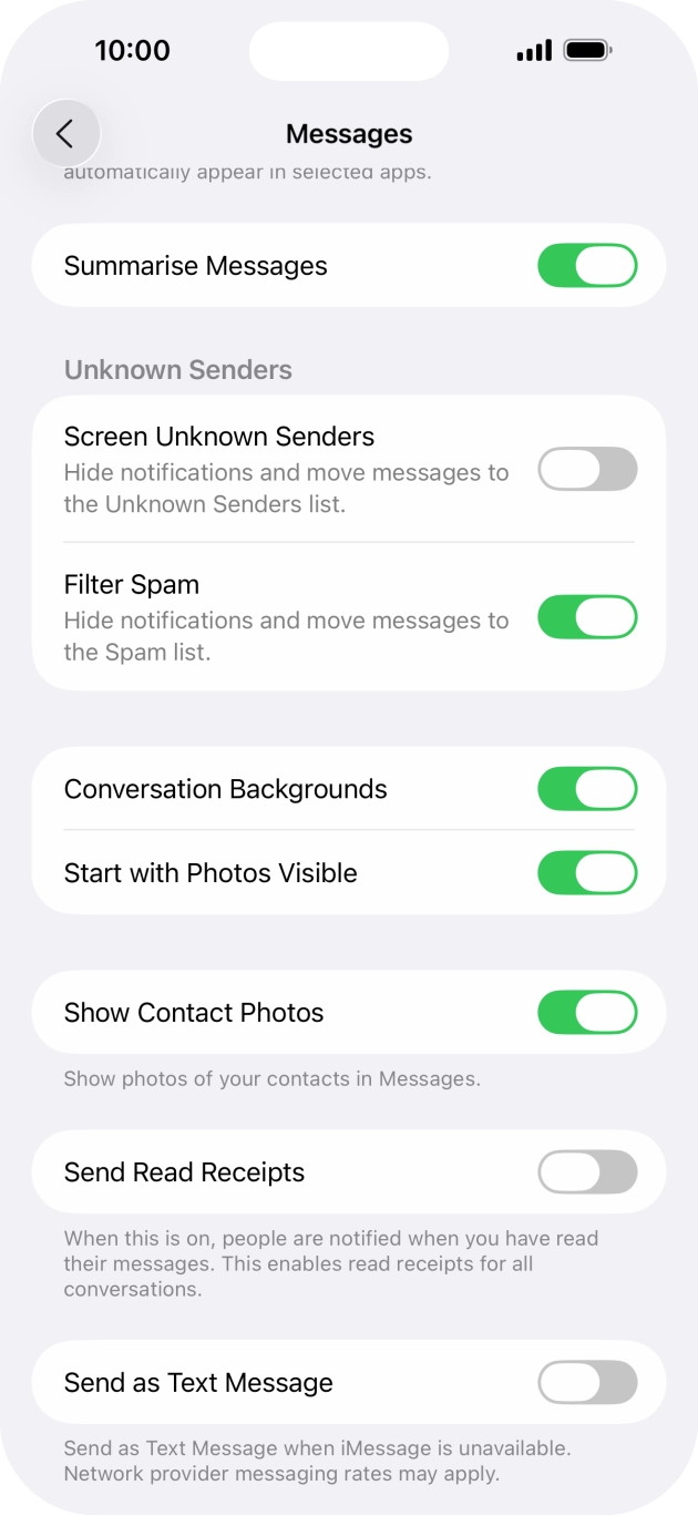 Press the indicator next to 'Send as Text Message' to turn the function on or off.