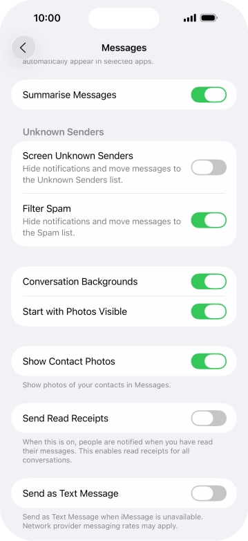 Press the indicator next to 'Send as Text Message' to turn the function on or off.