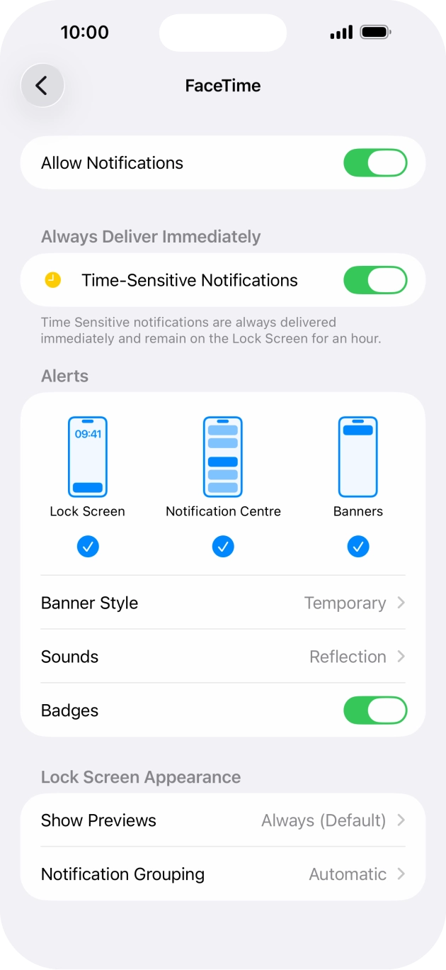 Press the indicator next to 'Allow Notifications' to turn notifications for the selected application on or off.