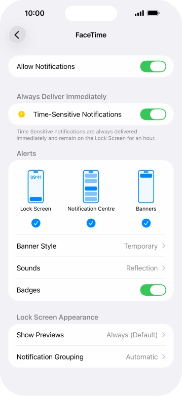 Press the indicator next to 'Allow Notifications' to turn notifications for the selected application on or off. Press the indicator next to 'Allow Notifications' to turn notifications for the selected application on or off.