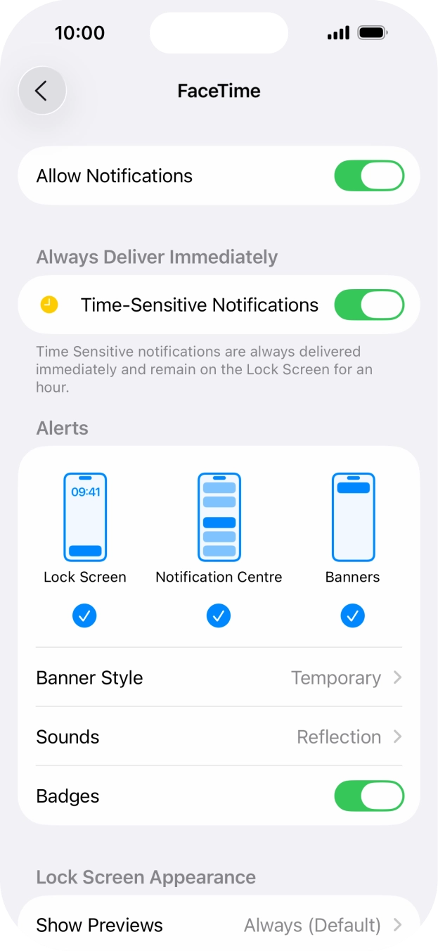 Press the indicator next to 'Allow Notifications' to turn notifications for the selected application on or off. Press the indicator next to 'Allow Notifications' to turn notifications for the selected application on or off.