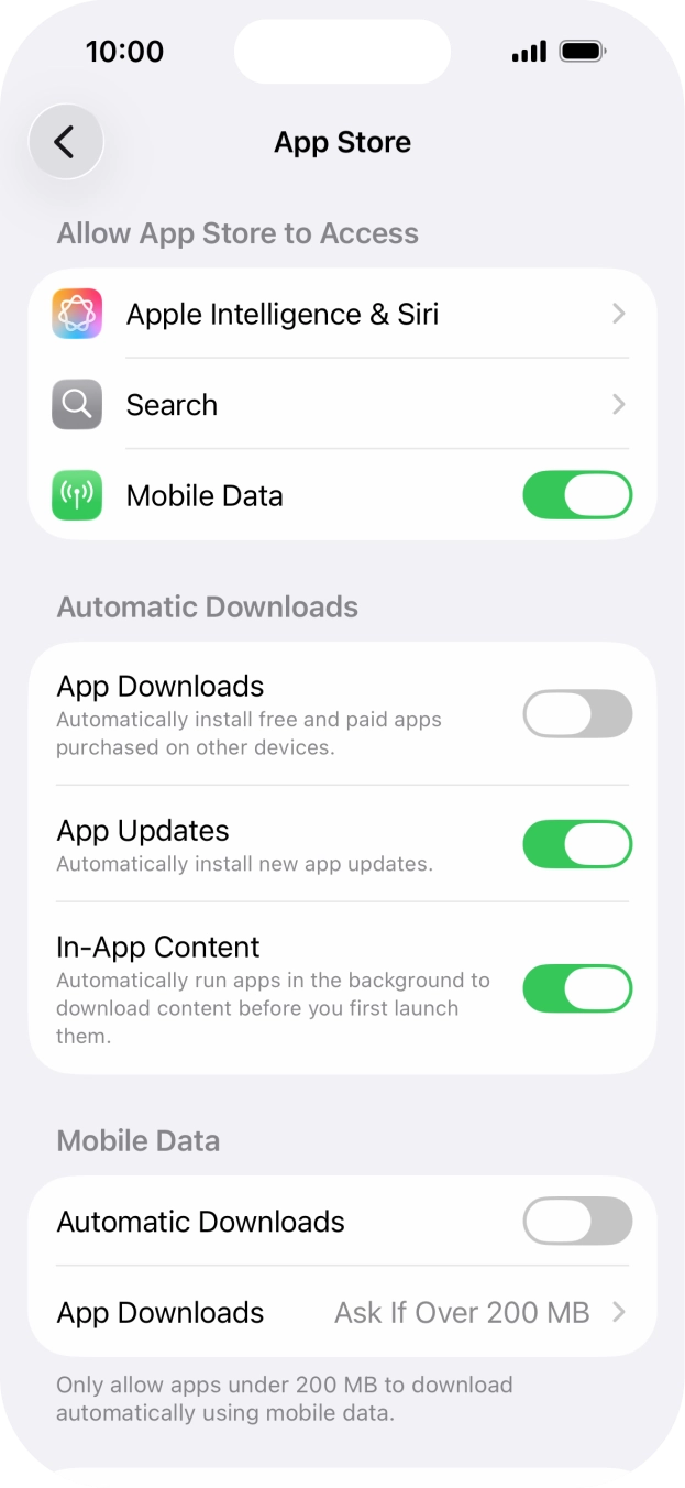 Press the indicator next to 'App Updates' to turn the function on or off. Press the indicator next to 'App Updates' to turn the function on or off.