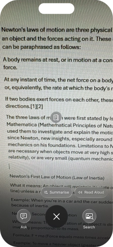 To use visual intelligence on a text, take a picture of the text, press the required setting and follow the instructions on the screen to use the function.