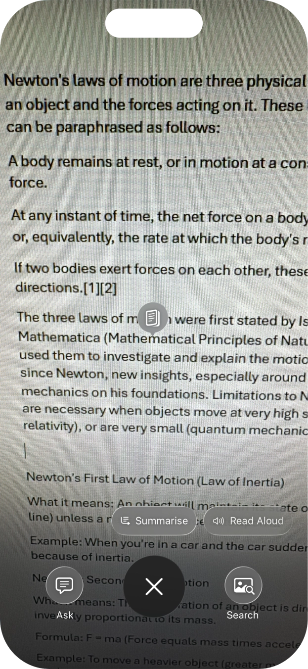 To use visual intelligence on a text, take a picture of the text, press the required setting and follow the instructions on the screen to use the function. To use visual intelligence on a text, take a picture of the text, press the required setting and follow the instructions on the screen to use the function.
