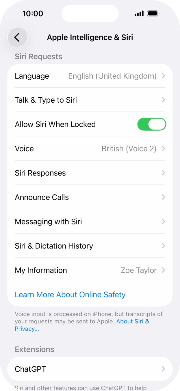 Press the indicator next to 'Allow Siri When Locked' to turn the function on or off. Press the indicator next to 'Allow Siri When Locked' to turn the function on or off.