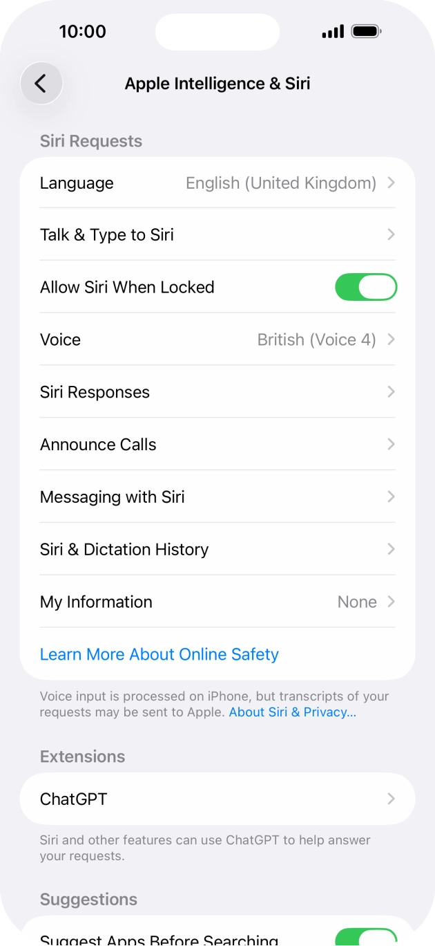 Press the indicator next to 'Allow Siri When Locked' to turn the function on or off. Press the indicator next to 'Allow Siri When Locked' to turn the function on or off.