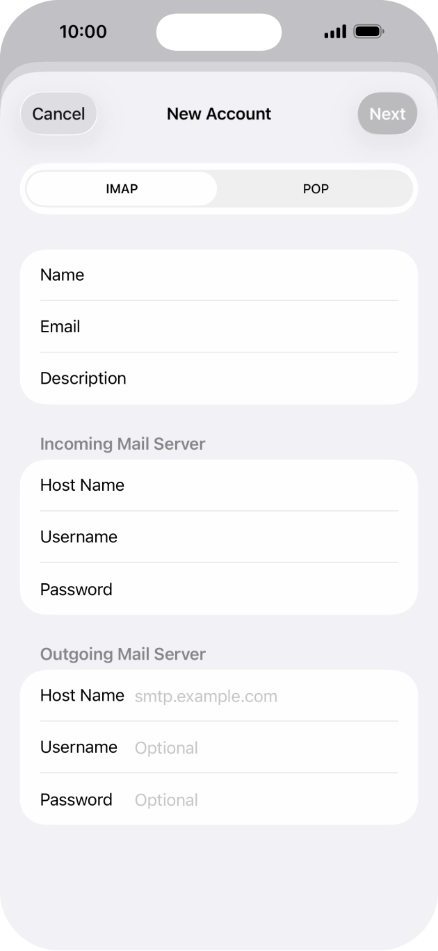 Press Host Name and key in the name of your email provider's outgoing server. Press Host Name and key in the name of your email provider's outgoing server.
