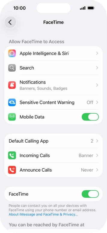 Press the indicator next to 'FaceTime' to turn the function on or off.
