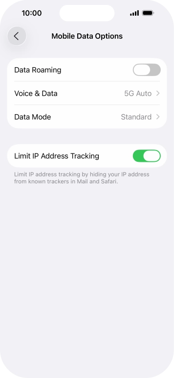 Press the indicator next to 'Data Roaming' to turn the function on or off.