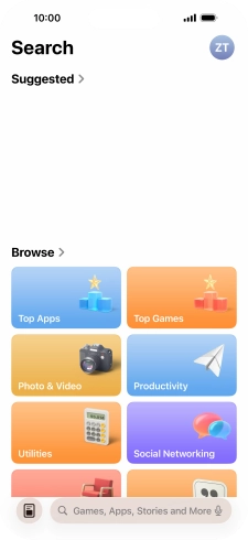 Press the search field and key in the name or subject of the required app.