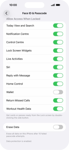 Press the indicator next to 'Erase Data' to turn the function on or off.
