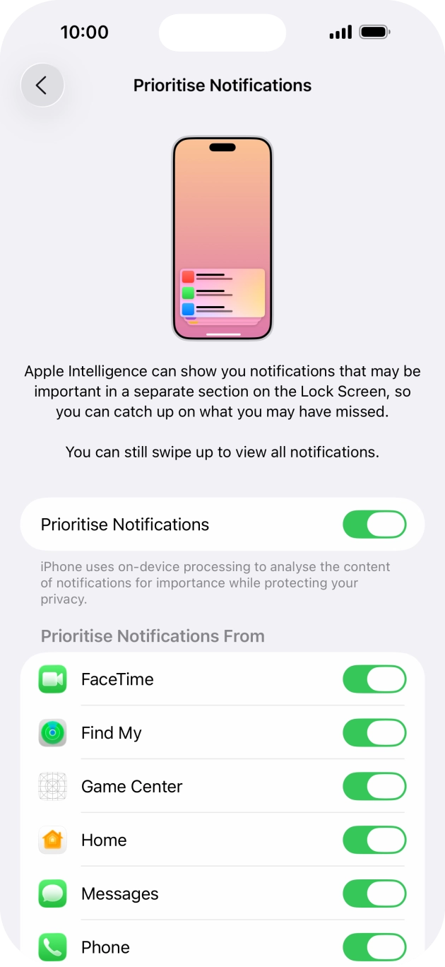 Press the indicator next to 'Prioritise Notifications' to turn the function on or off.