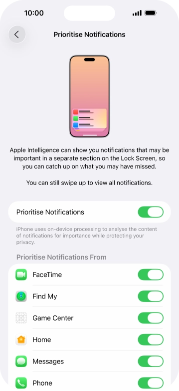 Press the indicator next to 'Prioritise Notifications' to turn the function on or off. Press the indicator next to 'Prioritise Notifications' to turn the function on or off.