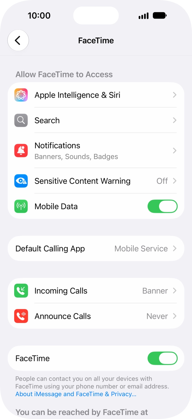 Press the indicator next to 'FaceTime' to turn the function on or off. Press the indicator next to 'FaceTime' to turn the function on or off.