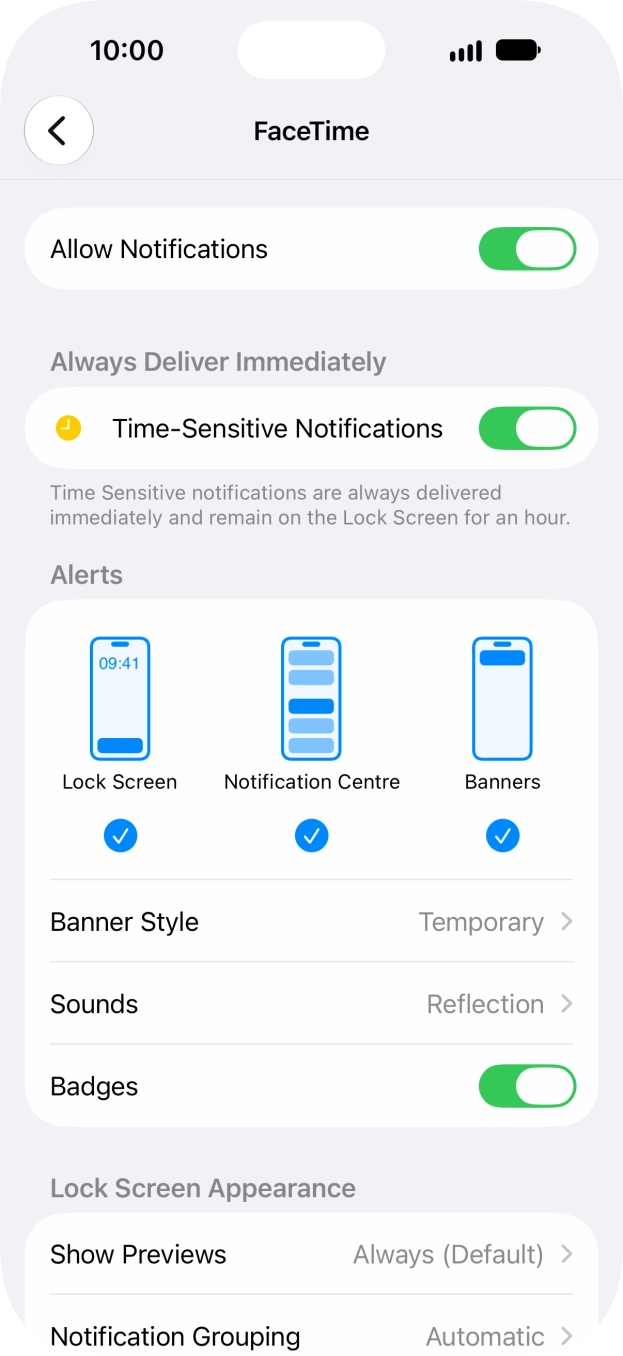 Press the indicator next to 'Allow Notifications' to turn notifications for the selected application on or off. Press the indicator next to 'Allow Notifications' to turn notifications for the selected application on or off.