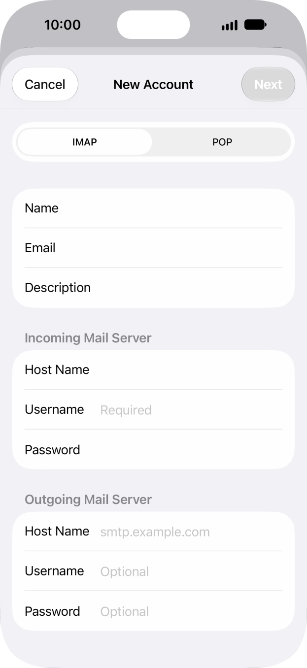 Press Username and key in the username for your email account. Press Username and key in the username for your email account.