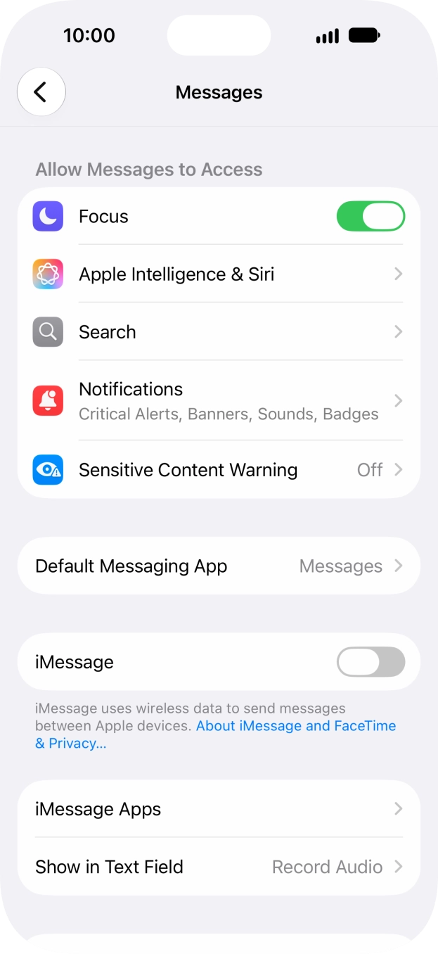 Press the indicator next to 'iMessage' to turn on the function.