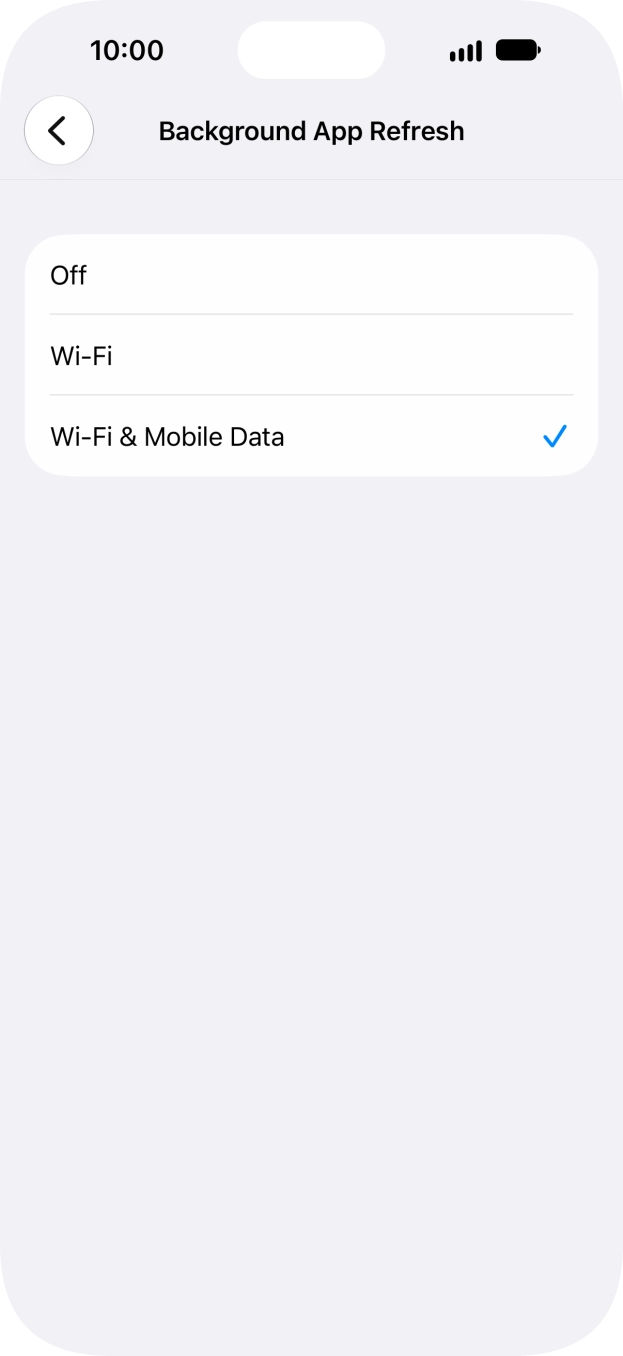 To turn off background refresh of apps, press Off. To turn off background refresh of apps, press Off.