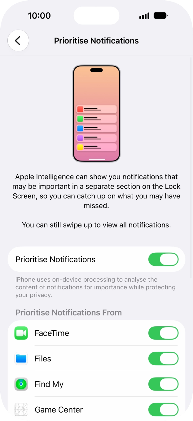 Press the indicator next to 'Prioritise Notifications' to turn the function on or off. Press the indicator next to 'Prioritise Notifications' to turn the function on or off.